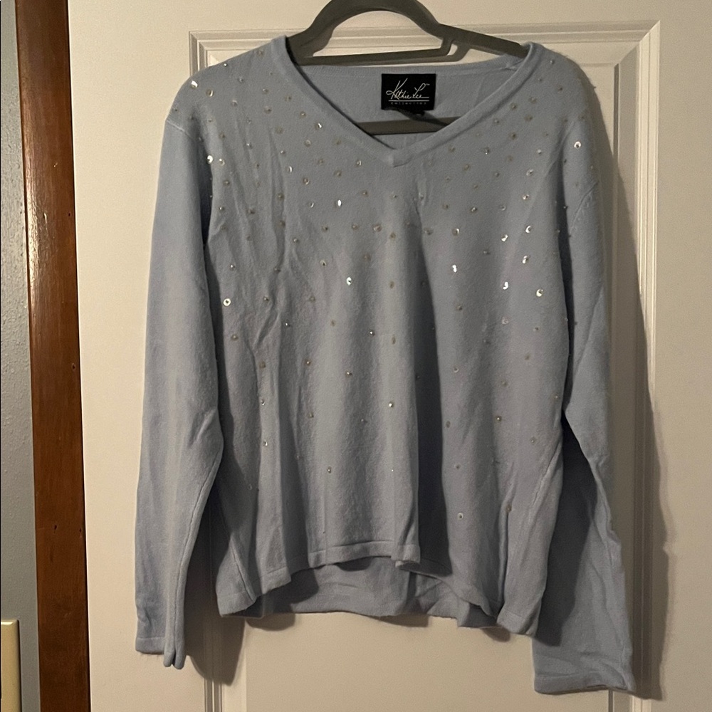 Vintage Kathy Lee Sky Blue V-Neck Sweater with Sequins